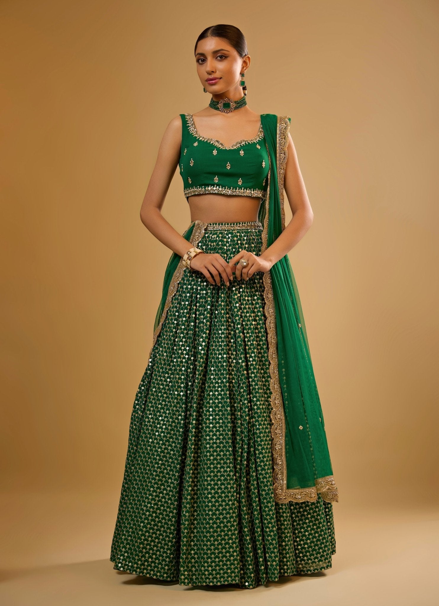 Diwali Lehenga Emerald Green Georgette by Renee Label from Fabilicious