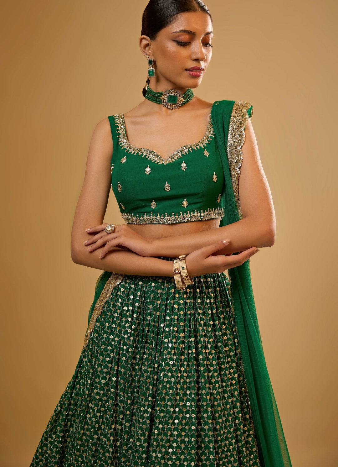 Emerald Green Georgette Lehenga Set Renee Label - Fabilicious Fashion