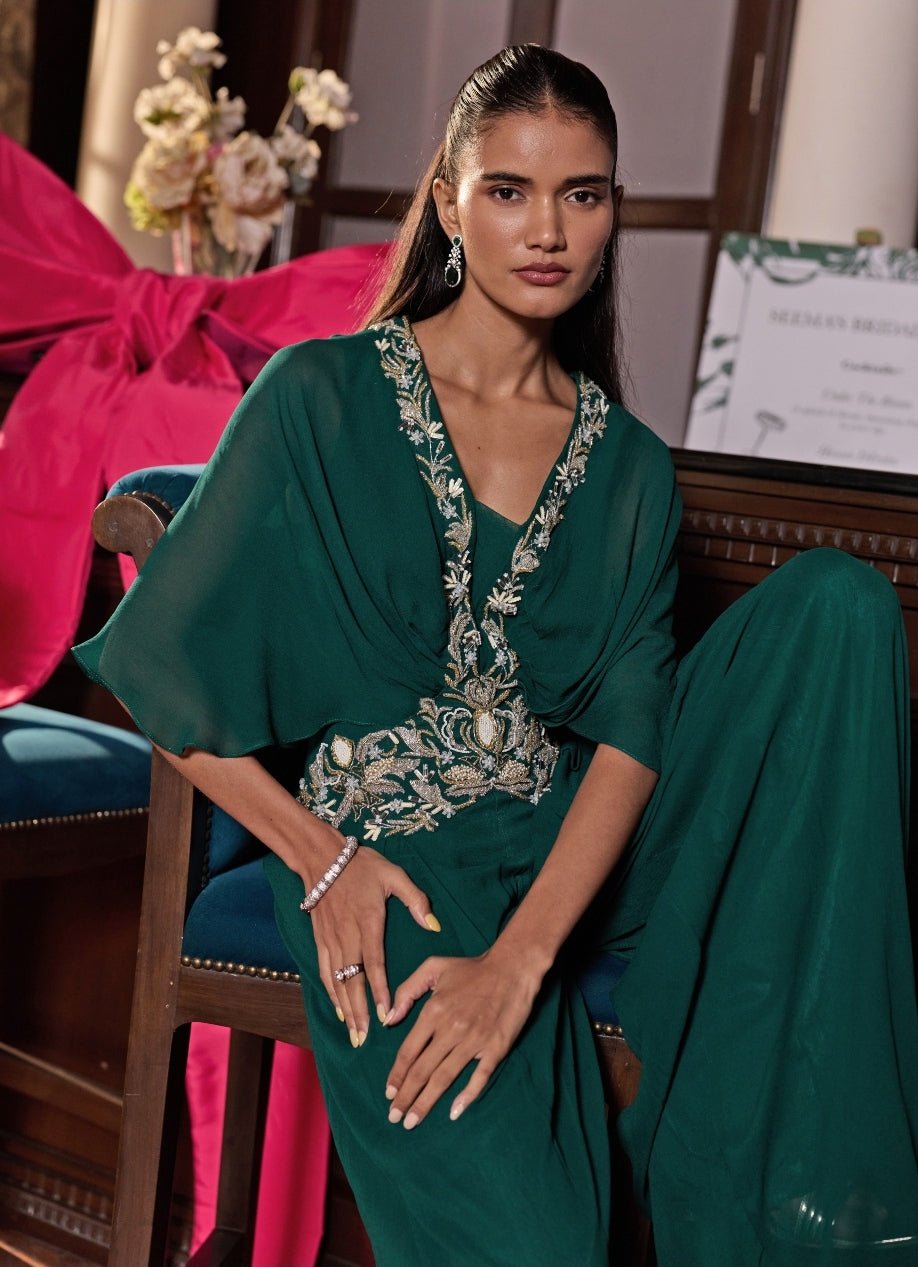 Emerald Green Georgette Pleated Jumpsuit Seema Thukral - Fabilicious Fashion