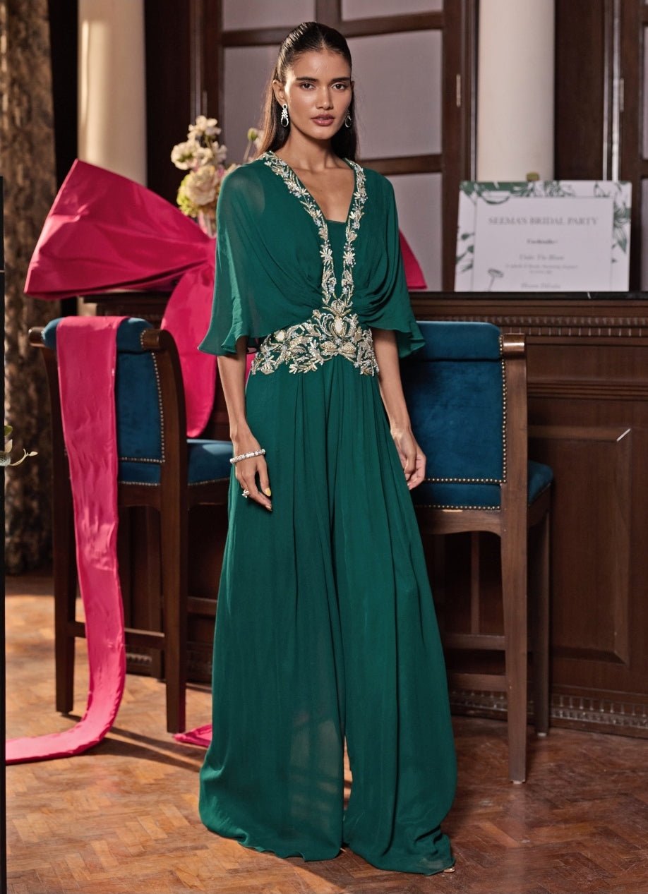 Emerald Green Georgette Pleated Jumpsuit Seema Thukral - Fabilicious Fashion