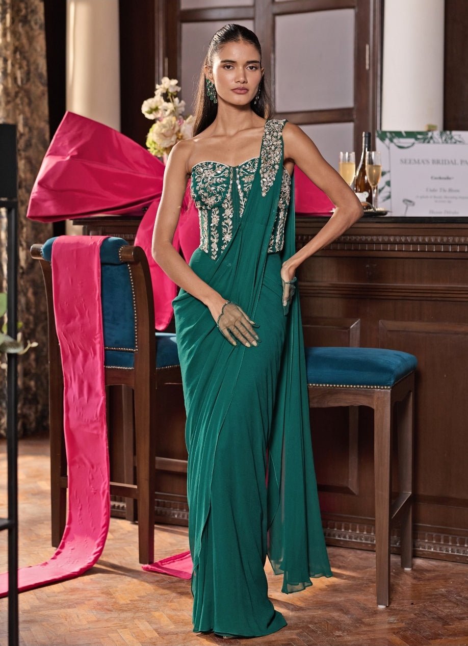 Emerald Green Georgette Pre Draped Saree With Corset Blouse Seema Thukral - Fabilicious Fashion