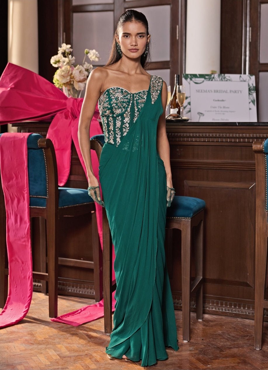 Emerald Green Georgette Pre Draped Saree With Corset Blouse Seema Thukral - Fabilicious Fashion