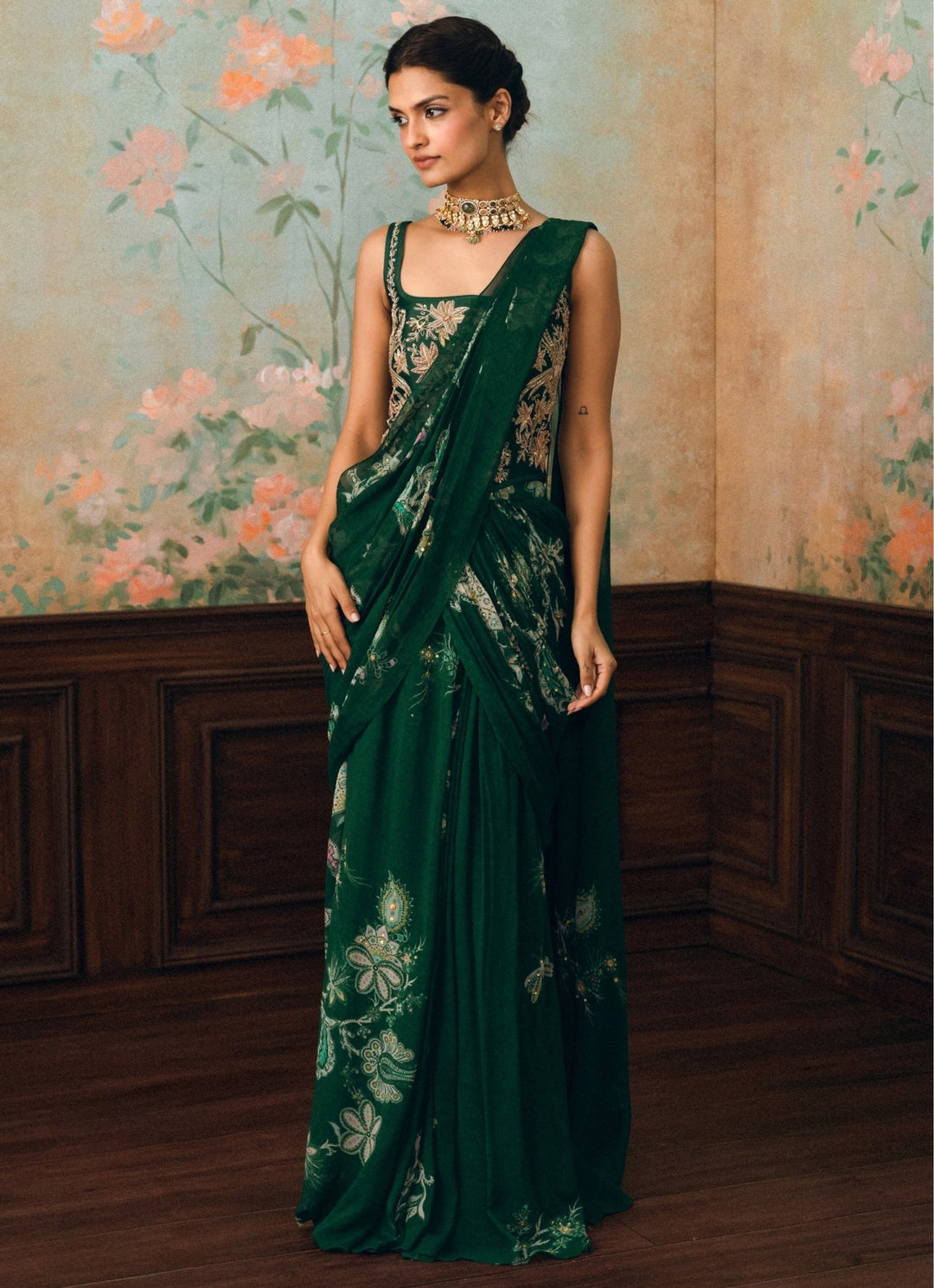 Paulmi and Harsh Emerald Green Georgette Pre-Draped Saree With CorsetFabilicious Fashion