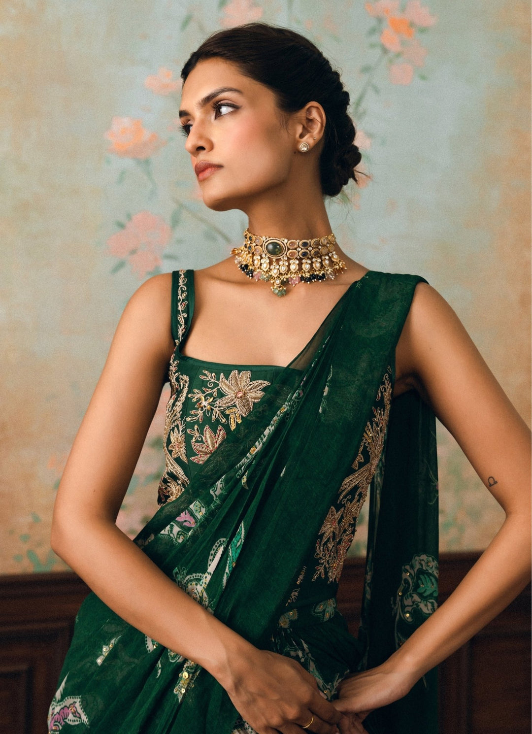 Paulmi and Harsh Emerald Green Georgette Pre-Draped Saree With CorsetFabilicious Fashion