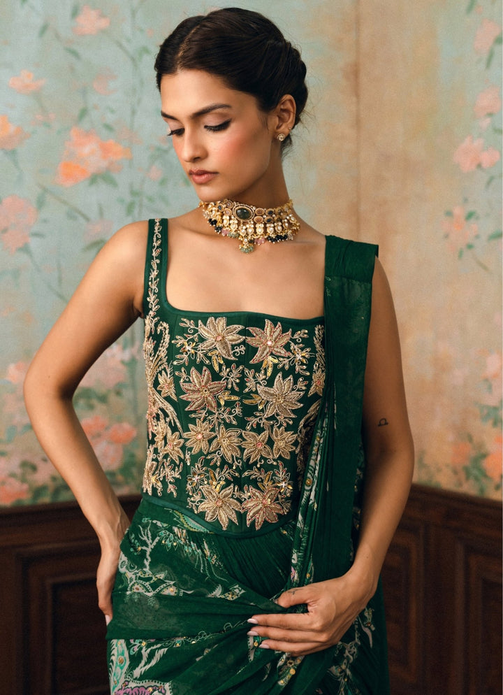 Paulmi and Harsh Emerald Green Georgette Pre-Draped Saree With CorsetFabilicious Fashion