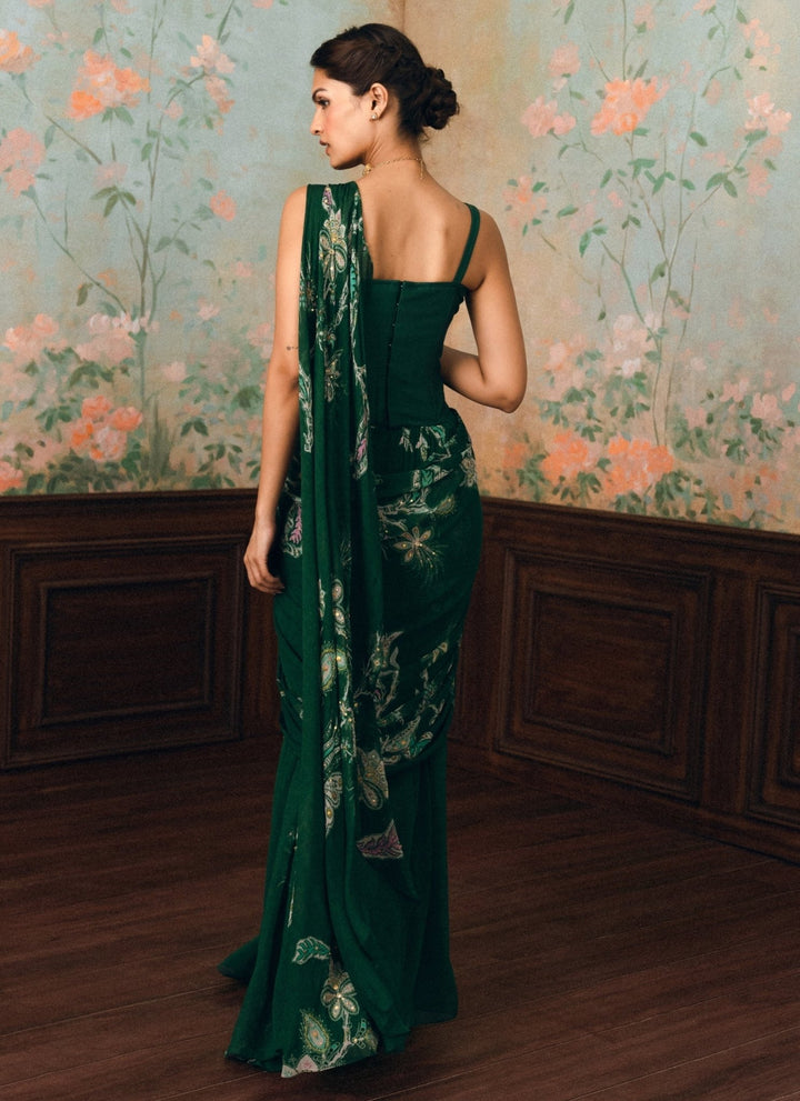 Paulmi and Harsh Emerald Green Georgette Pre-Draped Saree With CorsetFabilicious Fashion