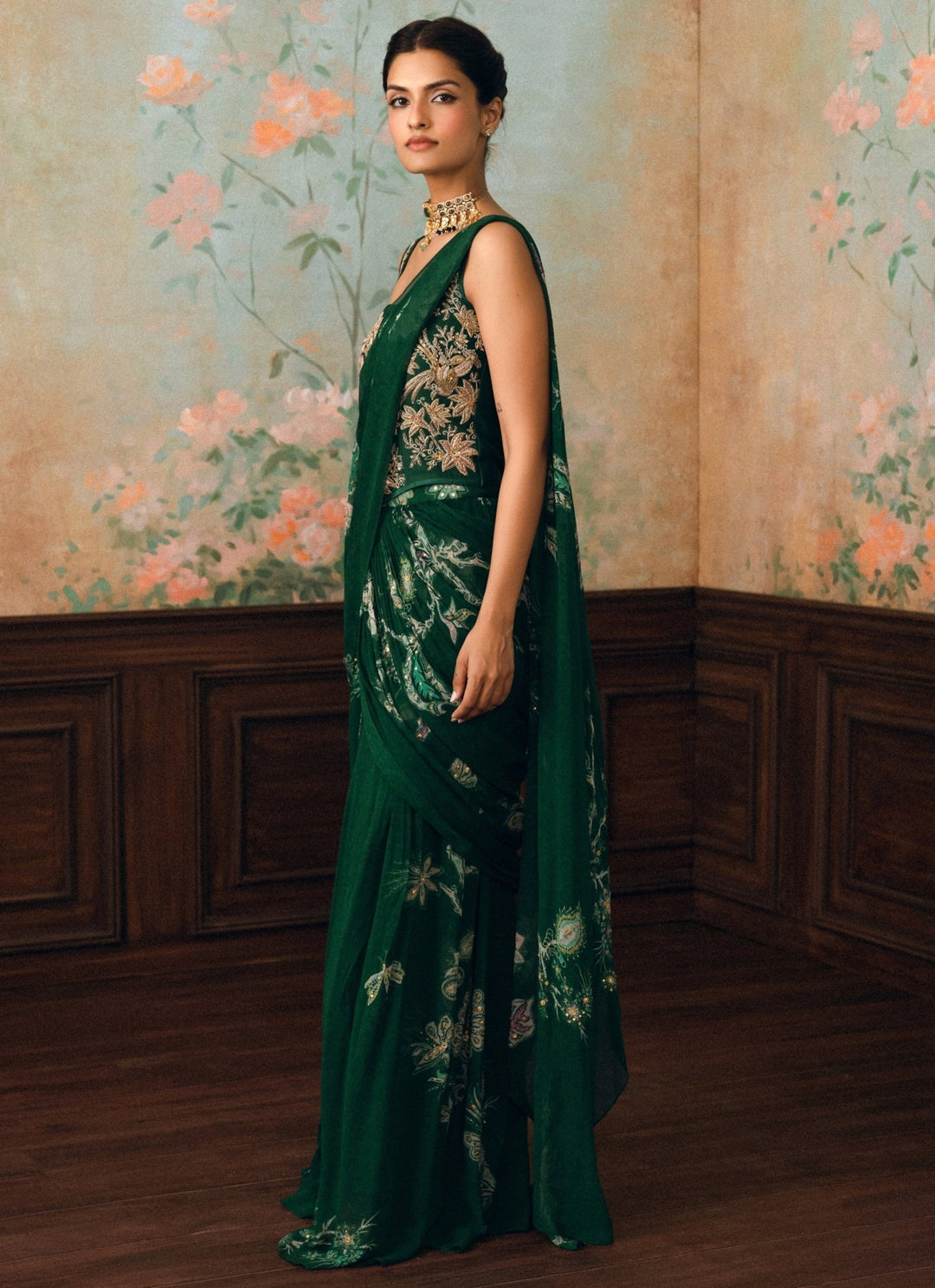 Paulmi and Harsh Emerald Green Georgette Pre-Draped Saree With CorsetFabilicious Fashion