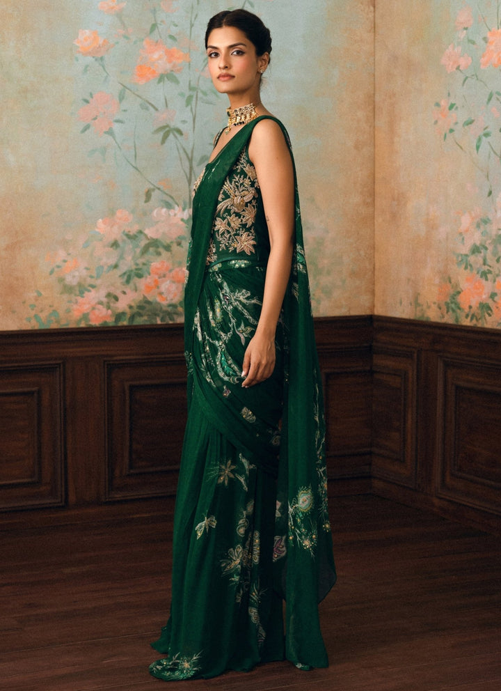 Paulmi and Harsh Emerald Green Georgette Pre-Draped Saree With CorsetFabilicious Fashion