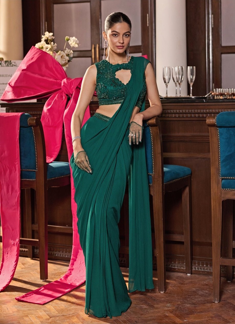 Emerald Green Georgette Pre Draped Saree Seema Thukral - Fabilicious Fashion