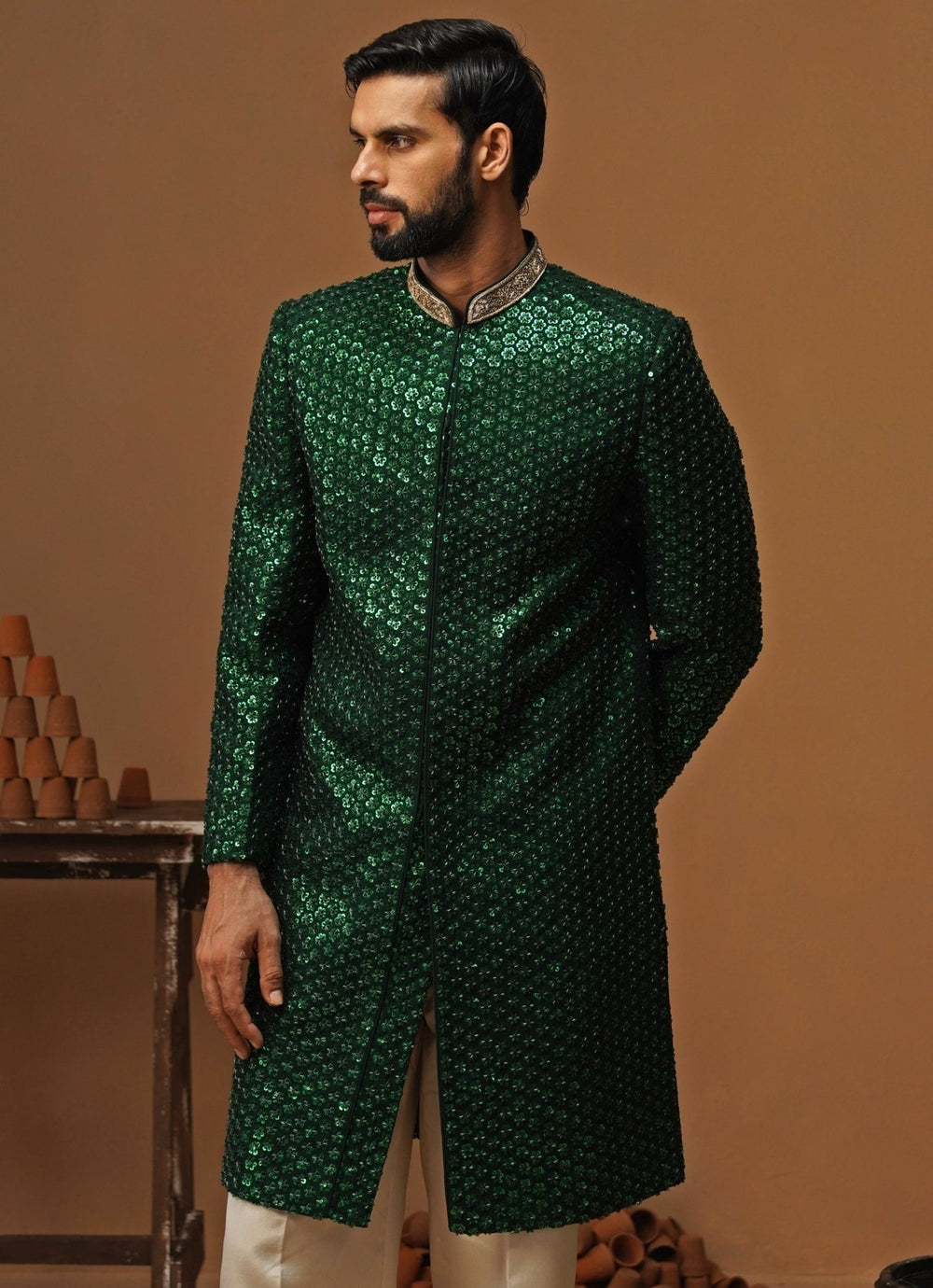 Kalpraag Emerald Green Georgette Sherwani SetFabilicious Fashion
