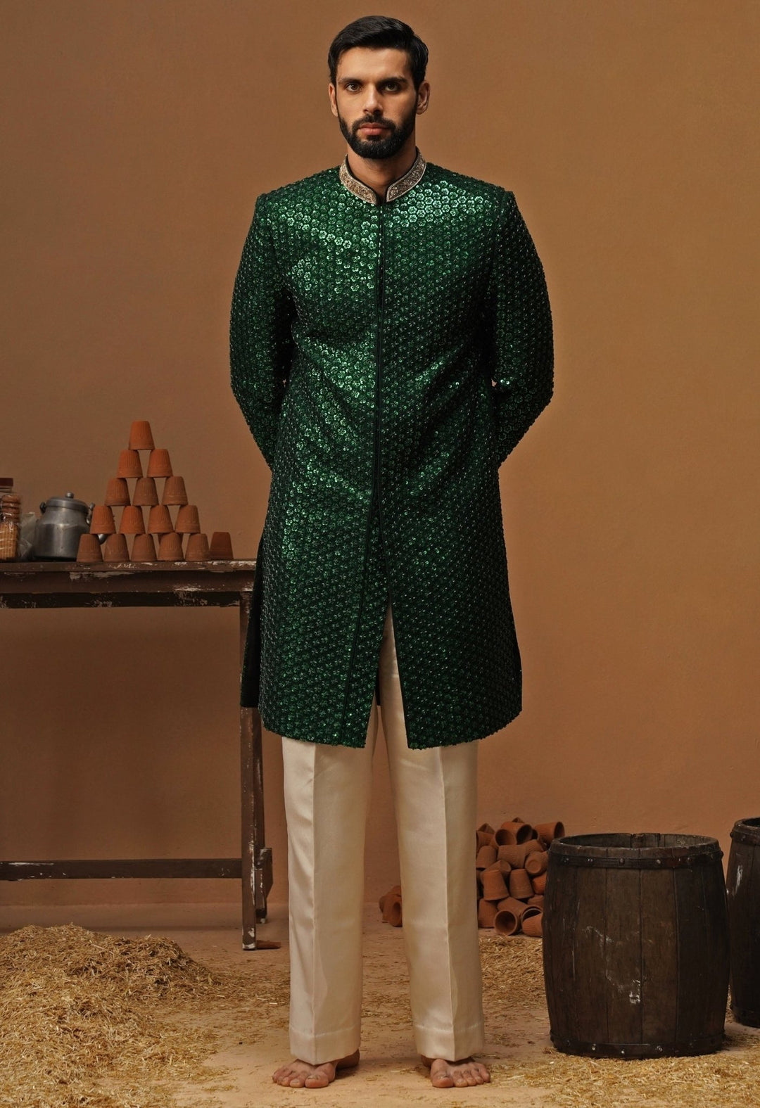 Kalpraag Emerald Green Georgette Sherwani SetFabilicious Fashion