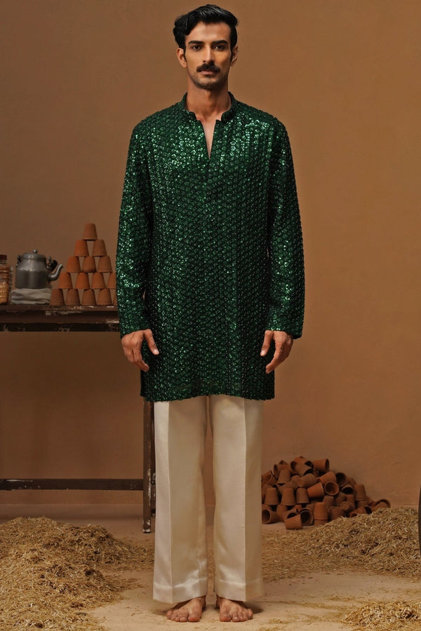 Emerald green georgette short kurta set for men for a mehendi by Kalpraag