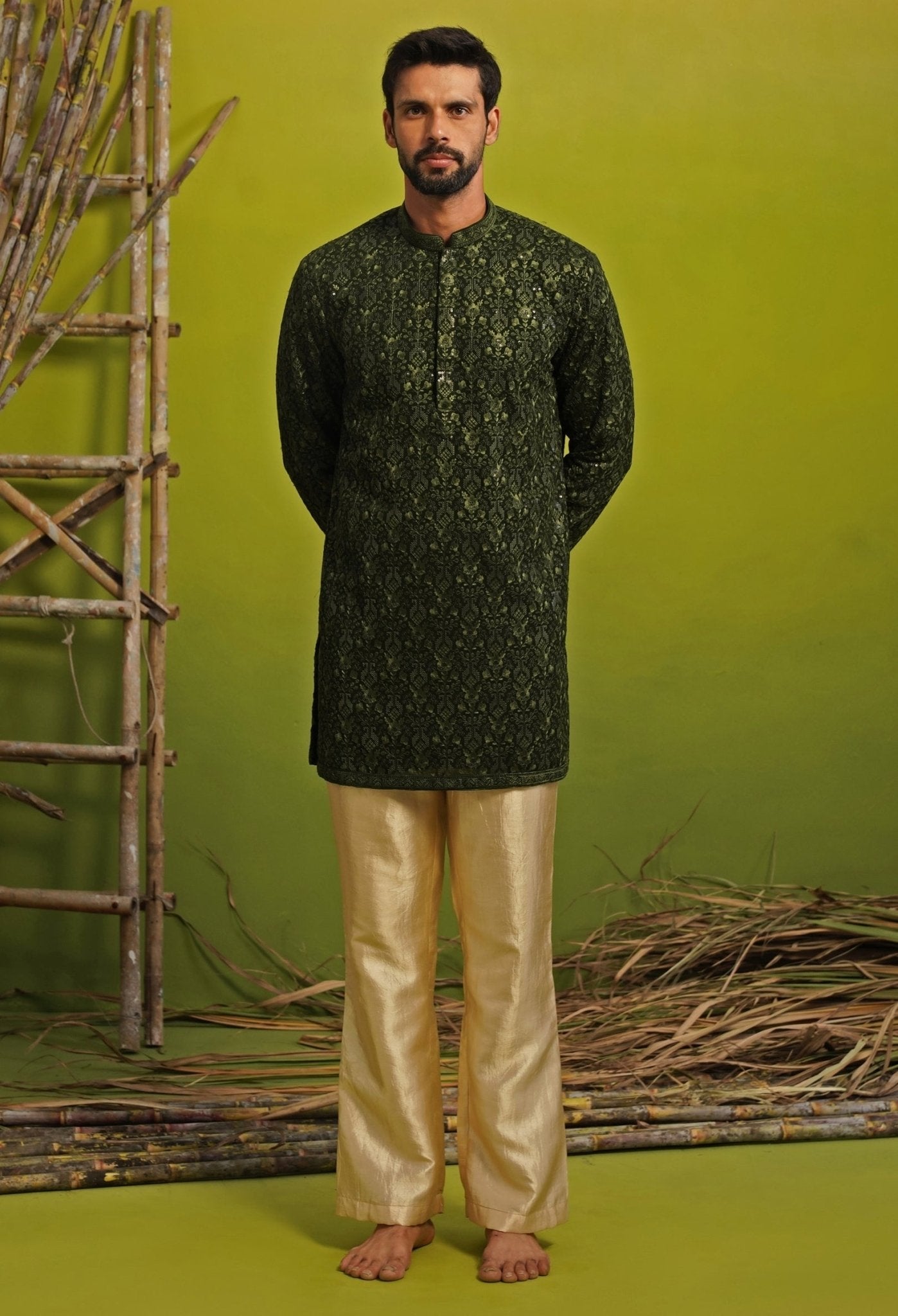 Emerald green georgette short kurta set for men — mehendi ceremony outfit