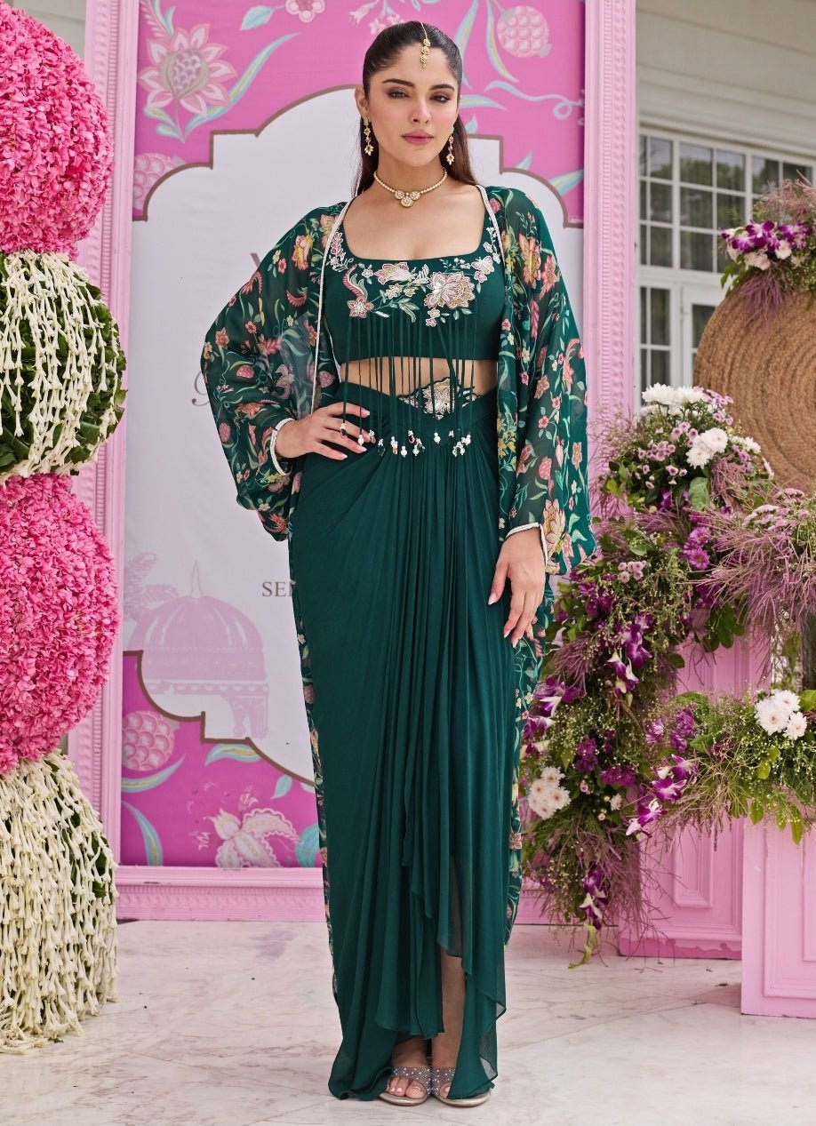 Emerald Green Georgette Skirt Set With Printed Cape Seema Thukral - Fabilicious Fashion