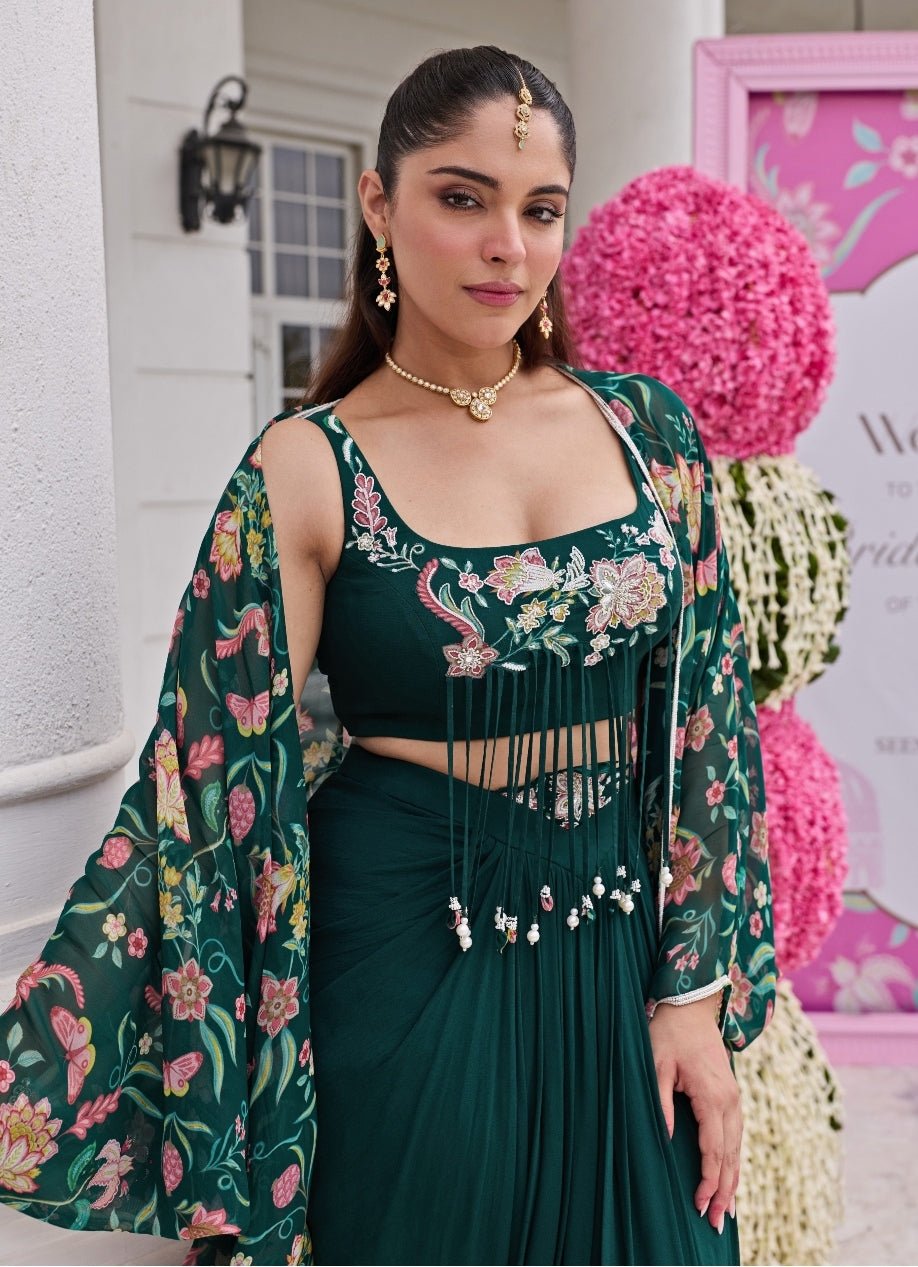 Emerald Green Georgette Skirt Set With Printed Cape Seema Thukral - Fabilicious Fashion