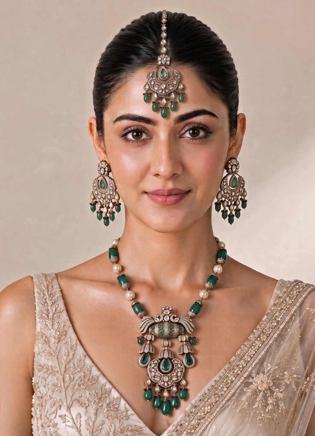 Vivinia By Vidhi Mehra Emerald Green Gold Plated Kundan Long Necklace SetFabilicious Fashion