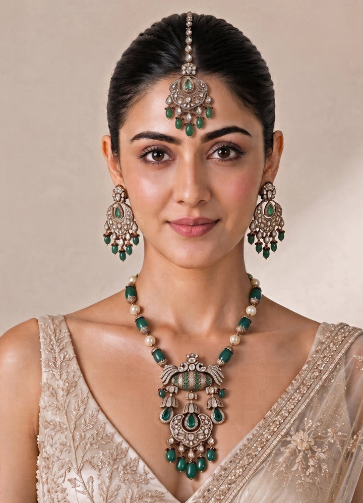 Vivinia By Vidhi Mehra Emerald Green Gold Plated Kundan Long Necklace SetFabilicious Fashion