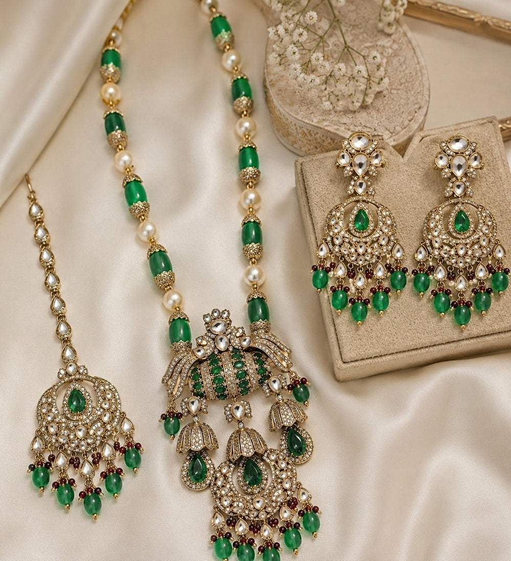 Vivinia By Vidhi Mehra Emerald Green Gold Plated Kundan Long Necklace SetFabilicious Fashion