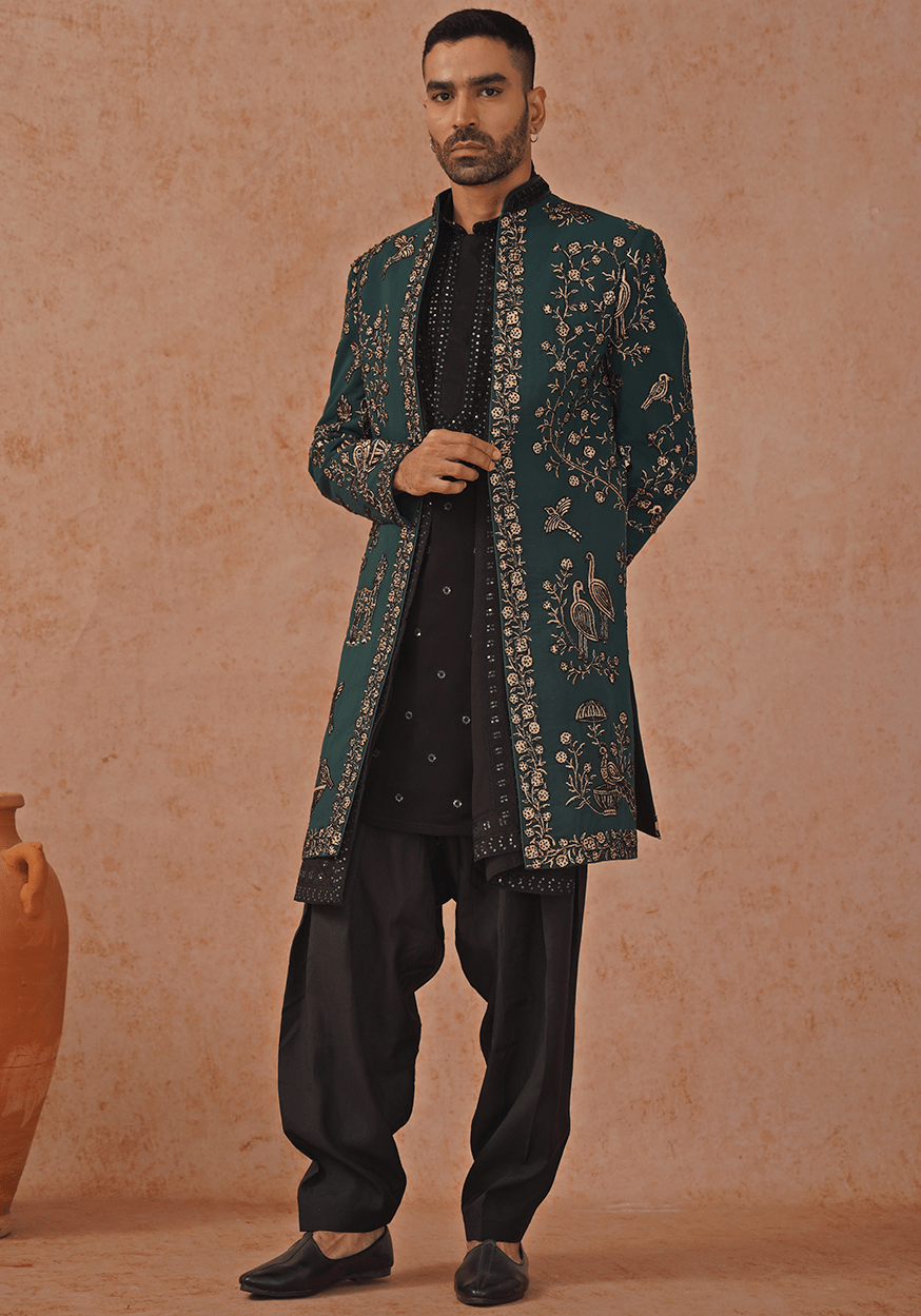 Green indo-western sherwani set with dupatta — mens festive wear for Eid evening events
