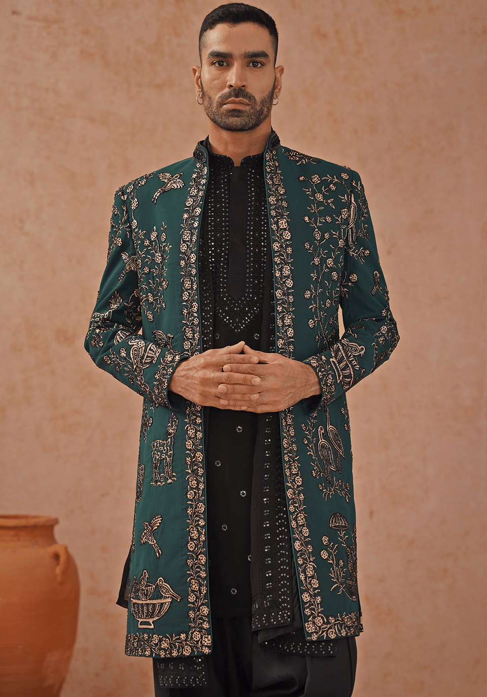 Emerald Green Indo Western Sherwani Set With Dupatta Kalpraag - Fabilicious Fashion