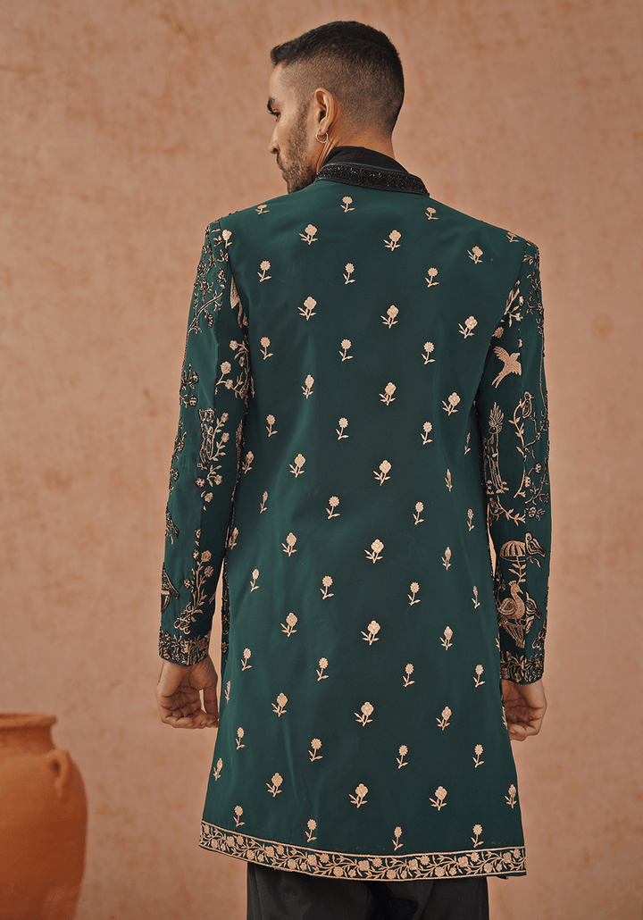 Emerald Green Indo Western Sherwani Set With Dupatta Kalpraag - Fabilicious Fashion