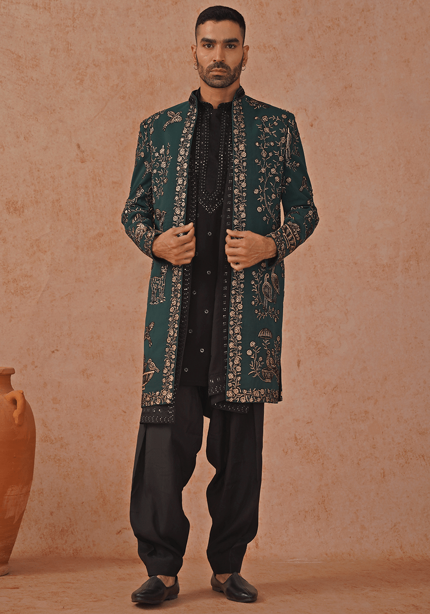 Emerald Green Indo Western Sherwani Set With Dupatta Kalpraag - Fabilicious Fashion