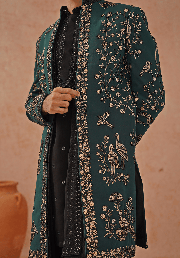 Emerald Green Indo Western Sherwani Set With Dupatta Kalpraag - Fabilicious Fashion