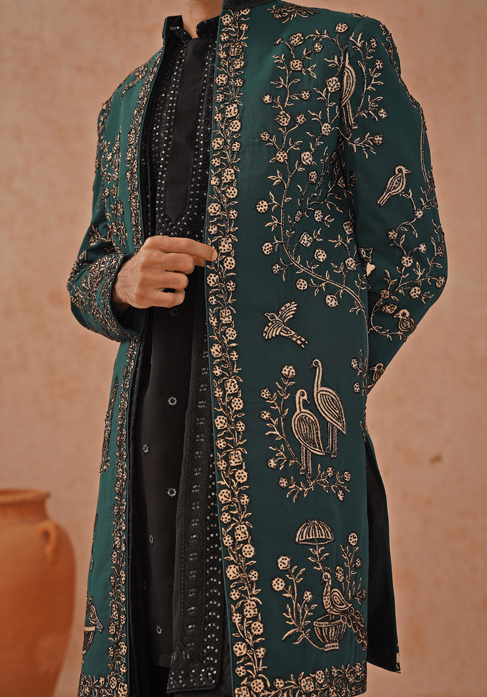 Kalpraag Emerald Green Indo Western Sherwani Set With Dupatta Fabilicious Fashion Kalpraag Emerald Green Indo Western Sherwani Set With Dupatta Fabilicious Fashion