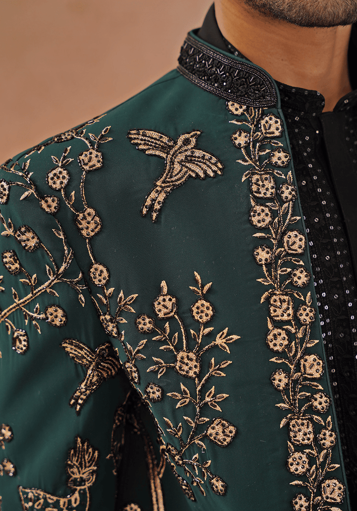 Emerald Green Indo Western Sherwani Set With Dupatta Kalpraag - Fabilicious Fashion