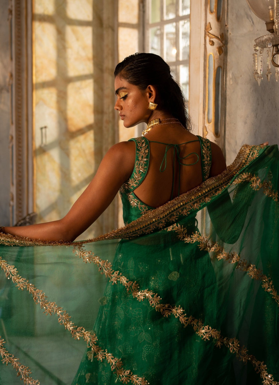 Emerald Green Jacquard Lehenga Set Paulmi and Harsh - Fabilicious Fashion