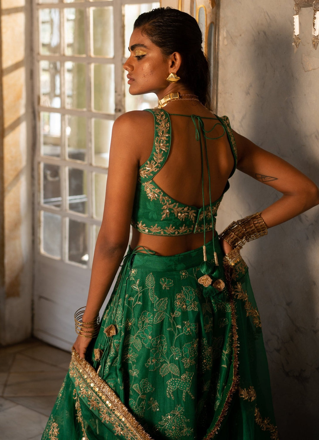Emerald Green Jacquard Lehenga Set Paulmi and Harsh - Fabilicious Fashion