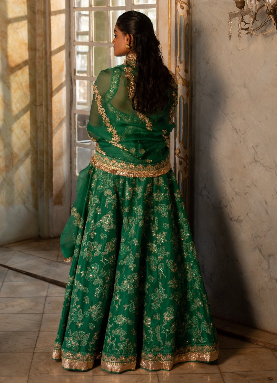 Emerald Green Jacquard Lehenga Set Paulmi and Harsh - Fabilicious Fashion
