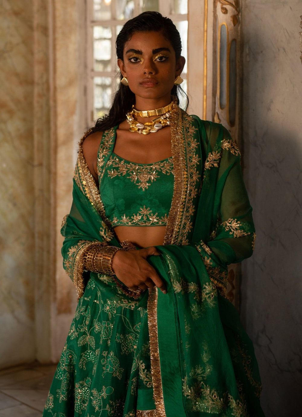 Emerald Green Jacquard Lehenga Set Paulmi and Harsh - Fabilicious Fashion