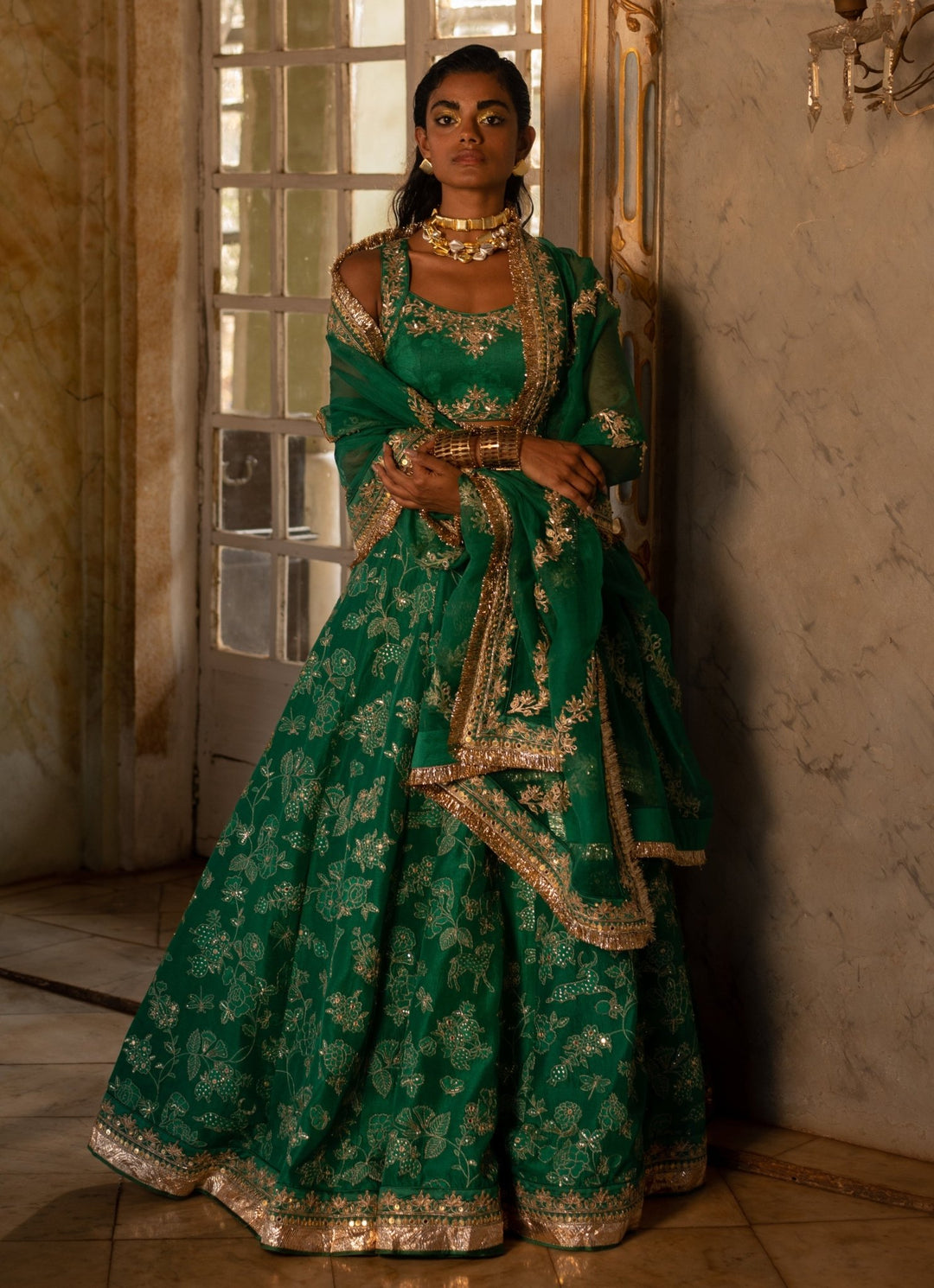 Emerald Green Jacquard Lehenga Set Paulmi and Harsh - Fabilicious Fashion