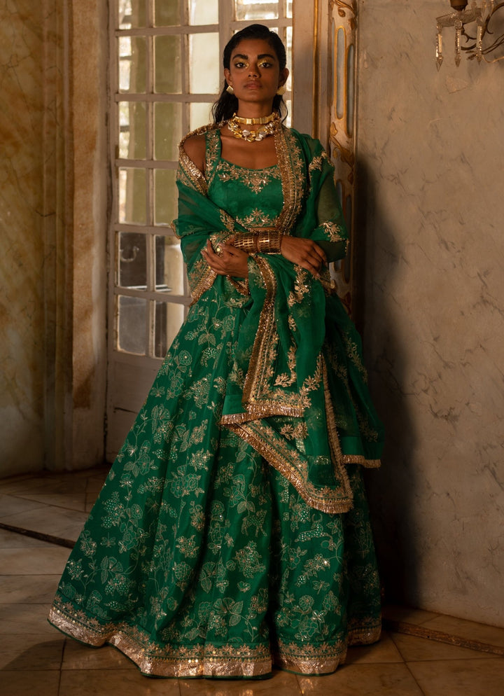 Emerald Green Jacquard Lehenga Set Paulmi and Harsh - Fabilicious Fashion