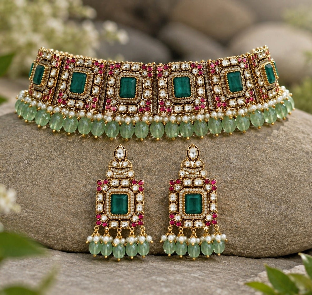 Vivinia by Vidhi Mehra Emerald Green Kundan Choker SetFabilicious Fashion