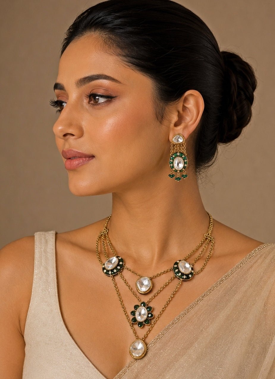 Vivinia by Vidhi Mehra Emerald Green Kundan Layered Necklace SetFabilicious Fashion