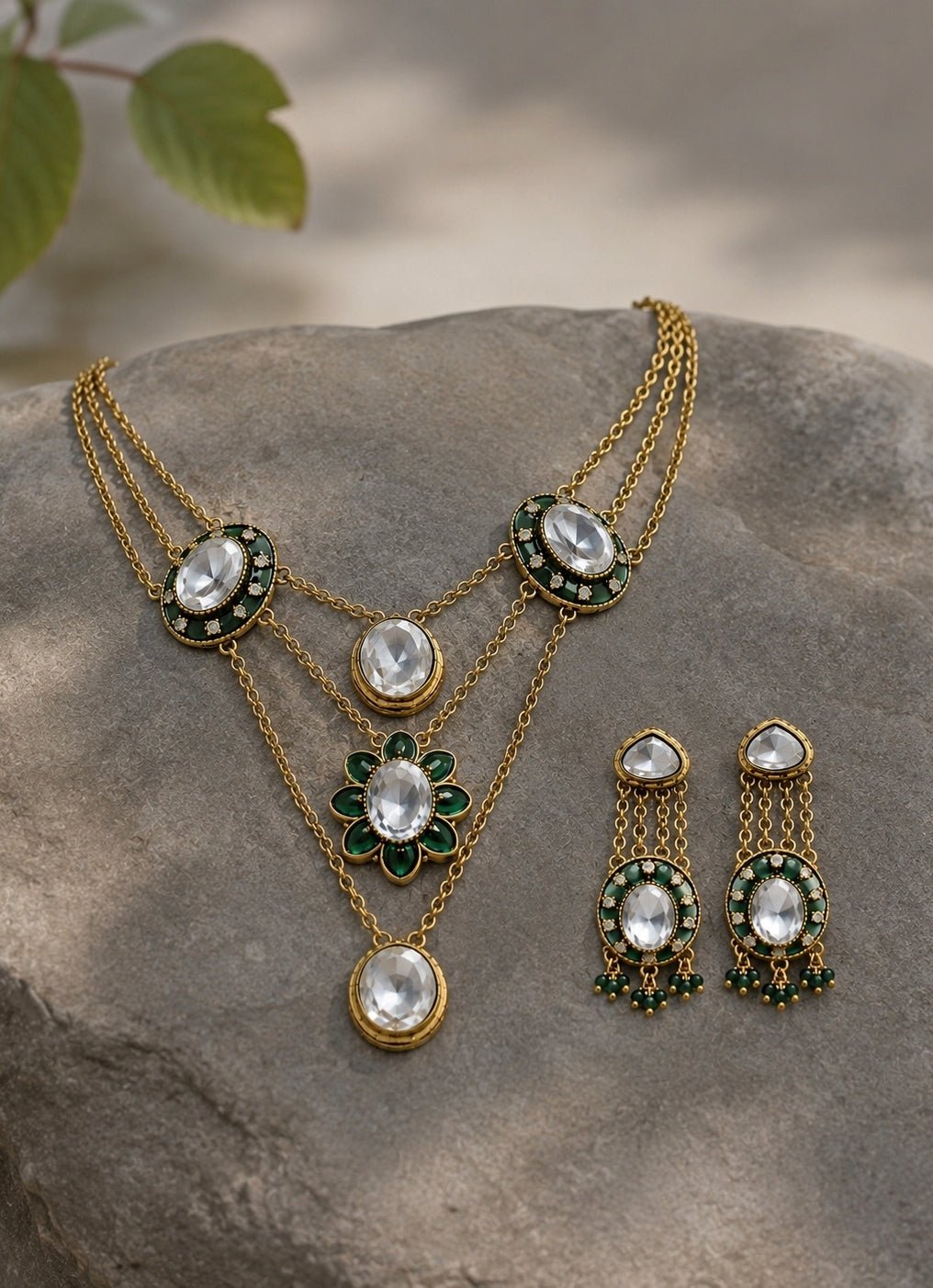 Vivinia by Vidhi Mehra Emerald Green Kundan Layered Necklace SetFabilicious Fashion