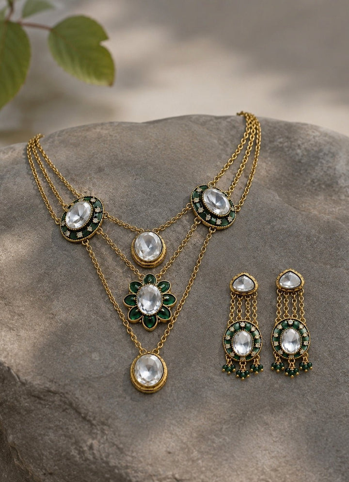Vivinia by Vidhi Mehra Emerald Green Kundan Layered Necklace SetFabilicious Fashion