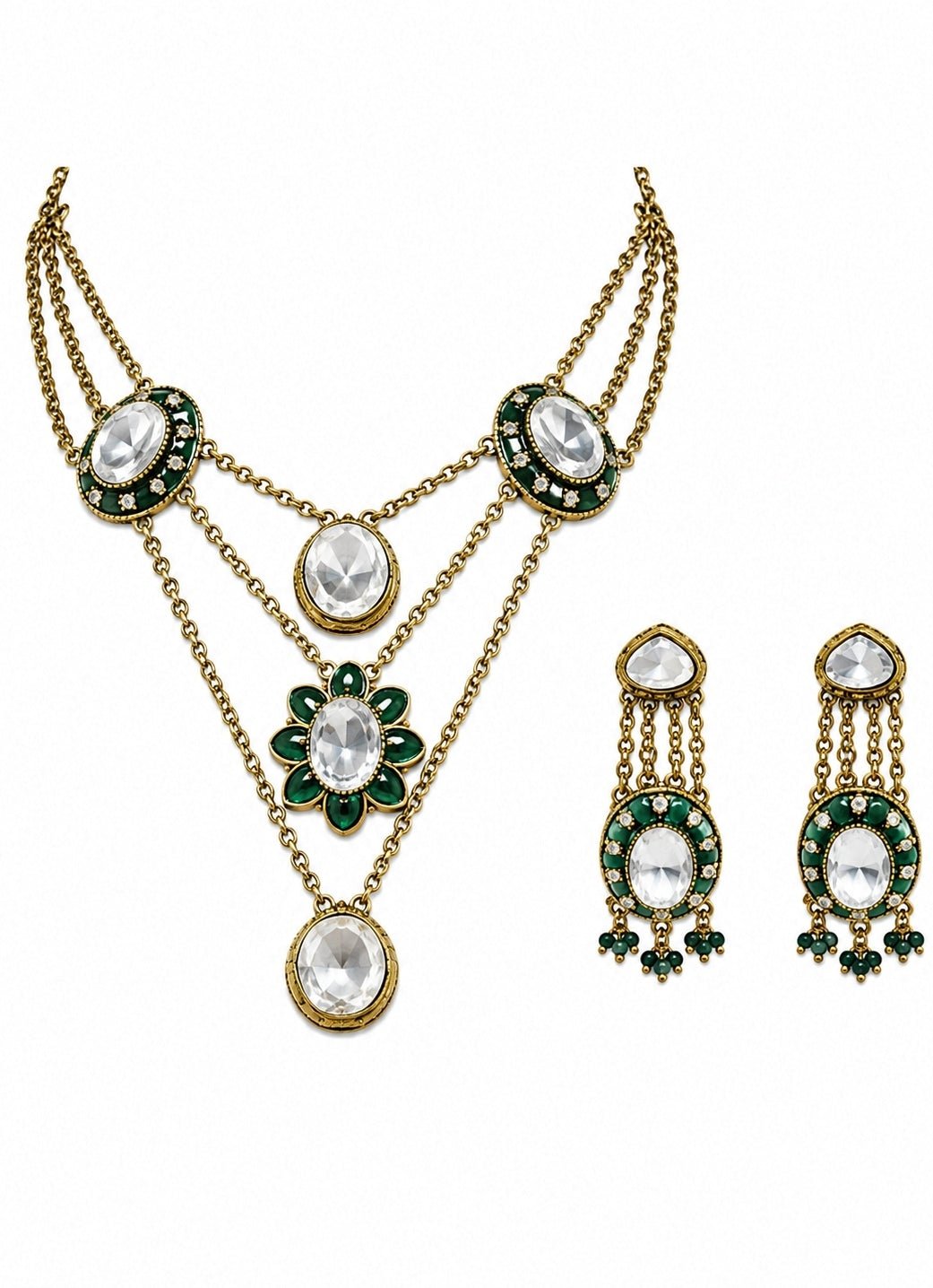 Vivinia by Vidhi Mehra Emerald Green Kundan Layered Necklace SetFabilicious Fashion