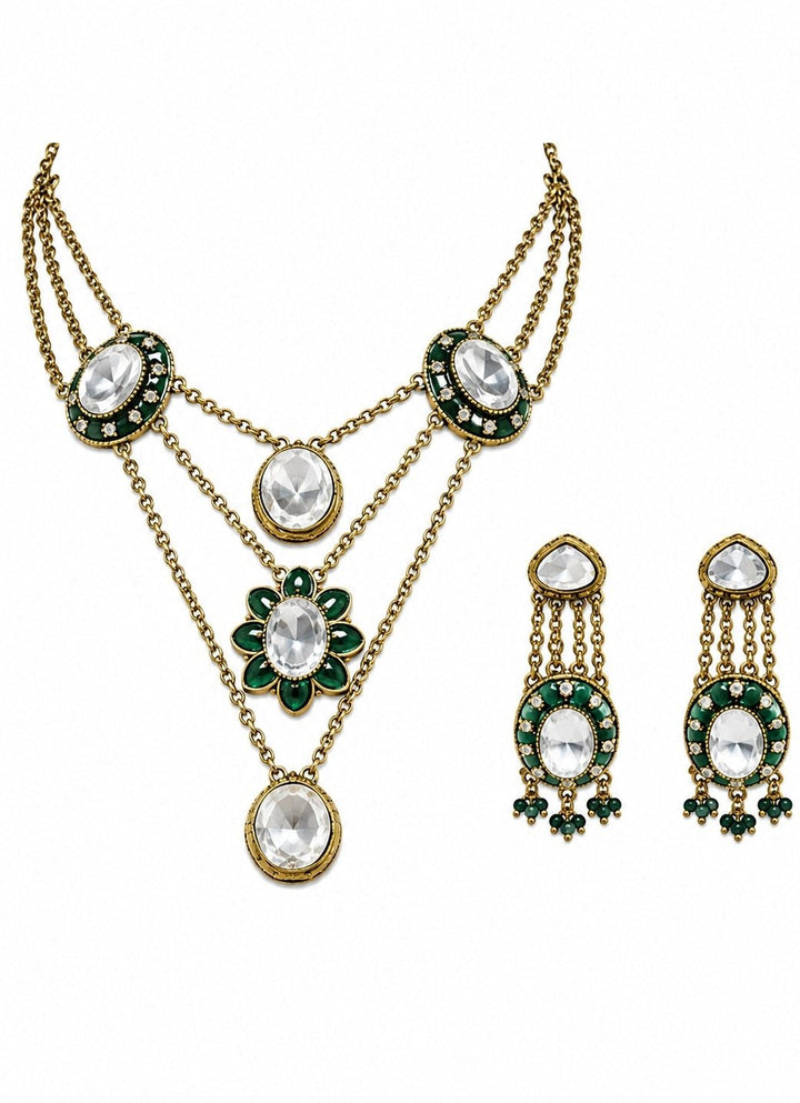 Vivinia by Vidhi Mehra Emerald Green Kundan Layered Necklace SetFabilicious Fashion