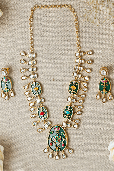 Emerald Green Kundan Necklace Set Zevar by Geeta - Fabilicious Fashion
