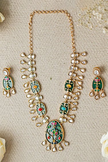 Emerald Green Kundan Necklace Set Zevar by Geeta - Fabilicious Fashion