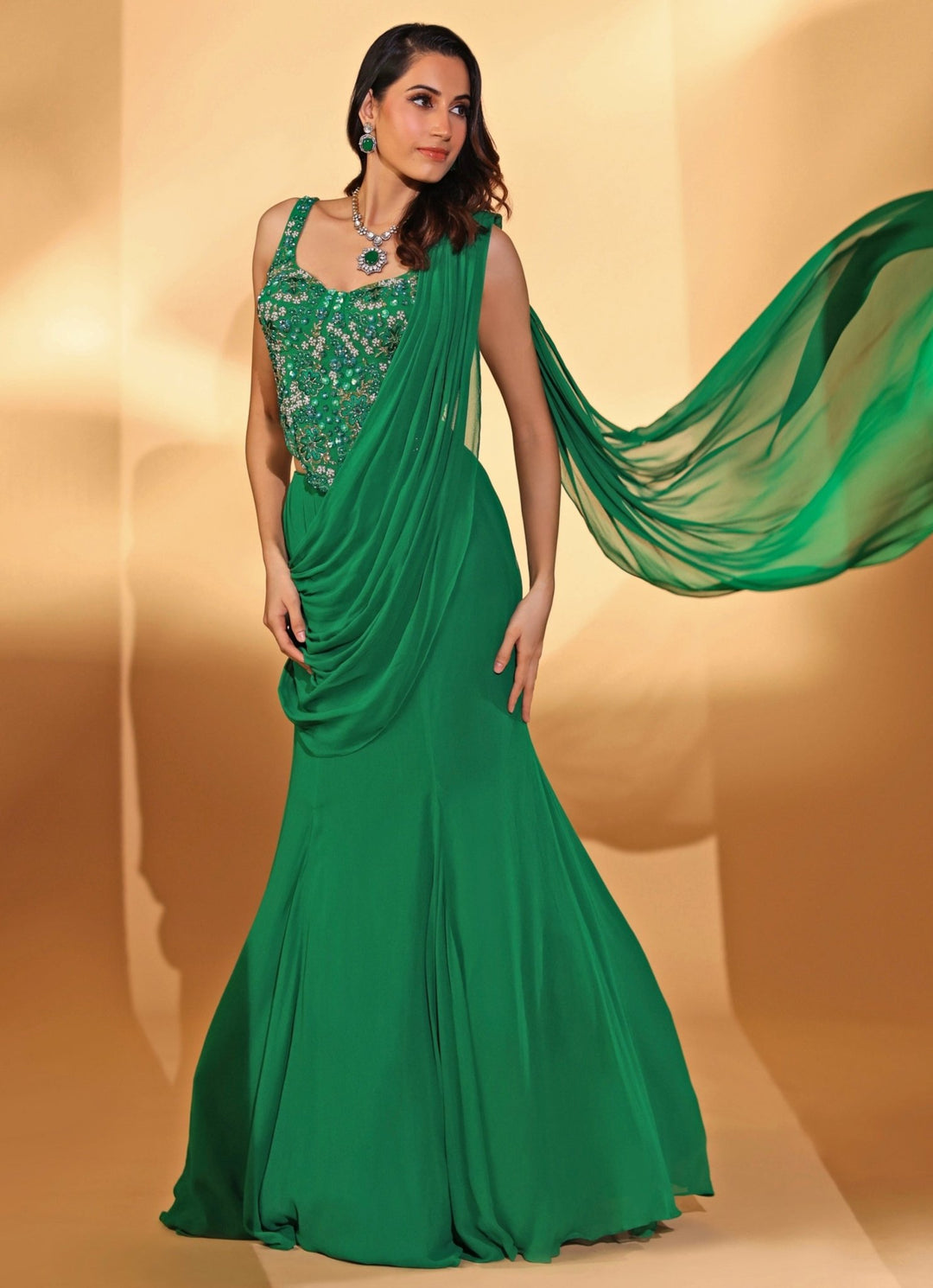 Emerald Green Mermaid Lehenga Saree With Corset Blouse Kiyohra - Fabilicious Fashion