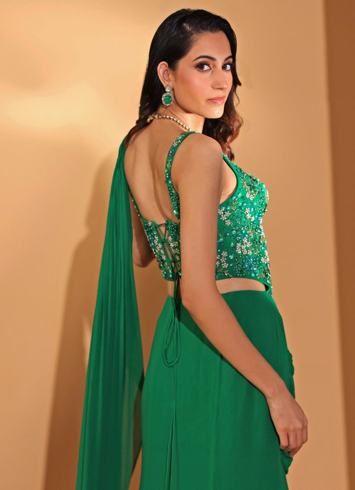 Emerald Green Mermaid Lehenga Saree With Corset Blouse Kiyohra - Fabilicious Fashion