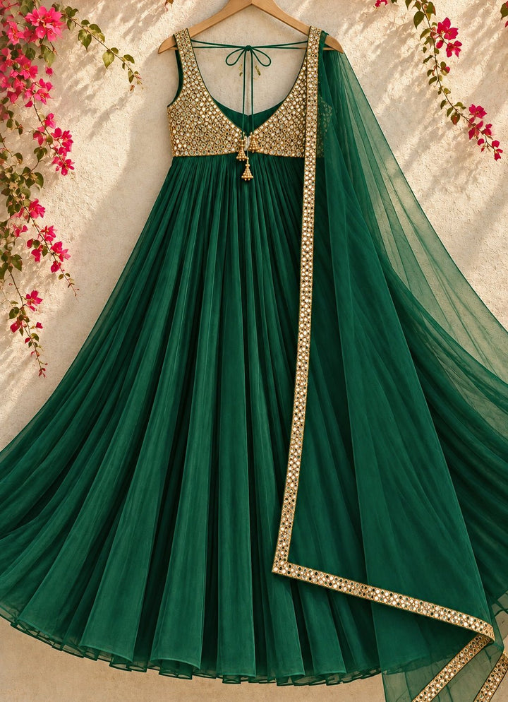 Anisha Shetty Emerald Green Mirrorwork Georgette Anarkali SetFabilicious Fashion