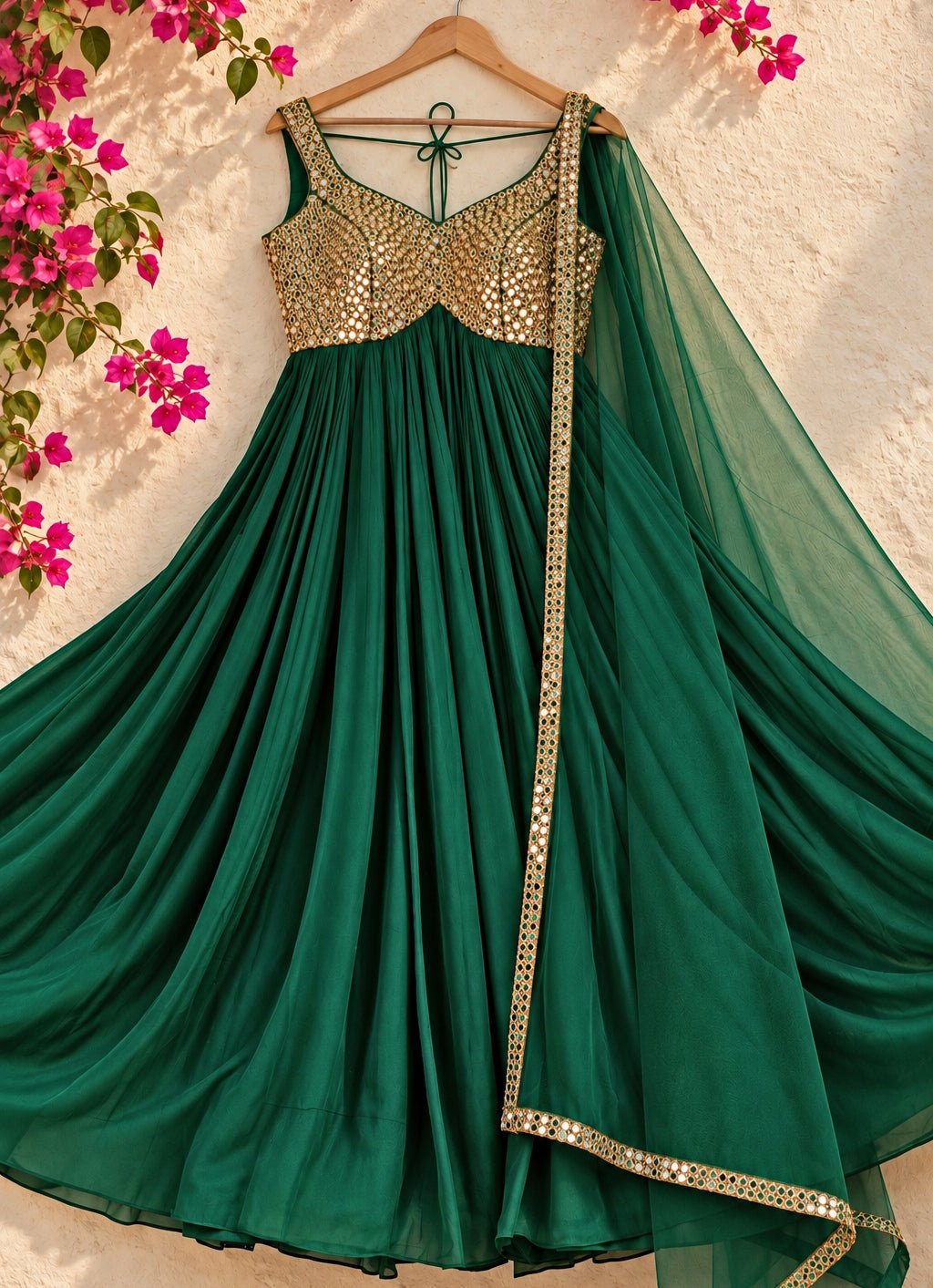 Anisha Shetty Emerald Green Mirrorwork Georgette Anarkali SetFabilicious Fashion