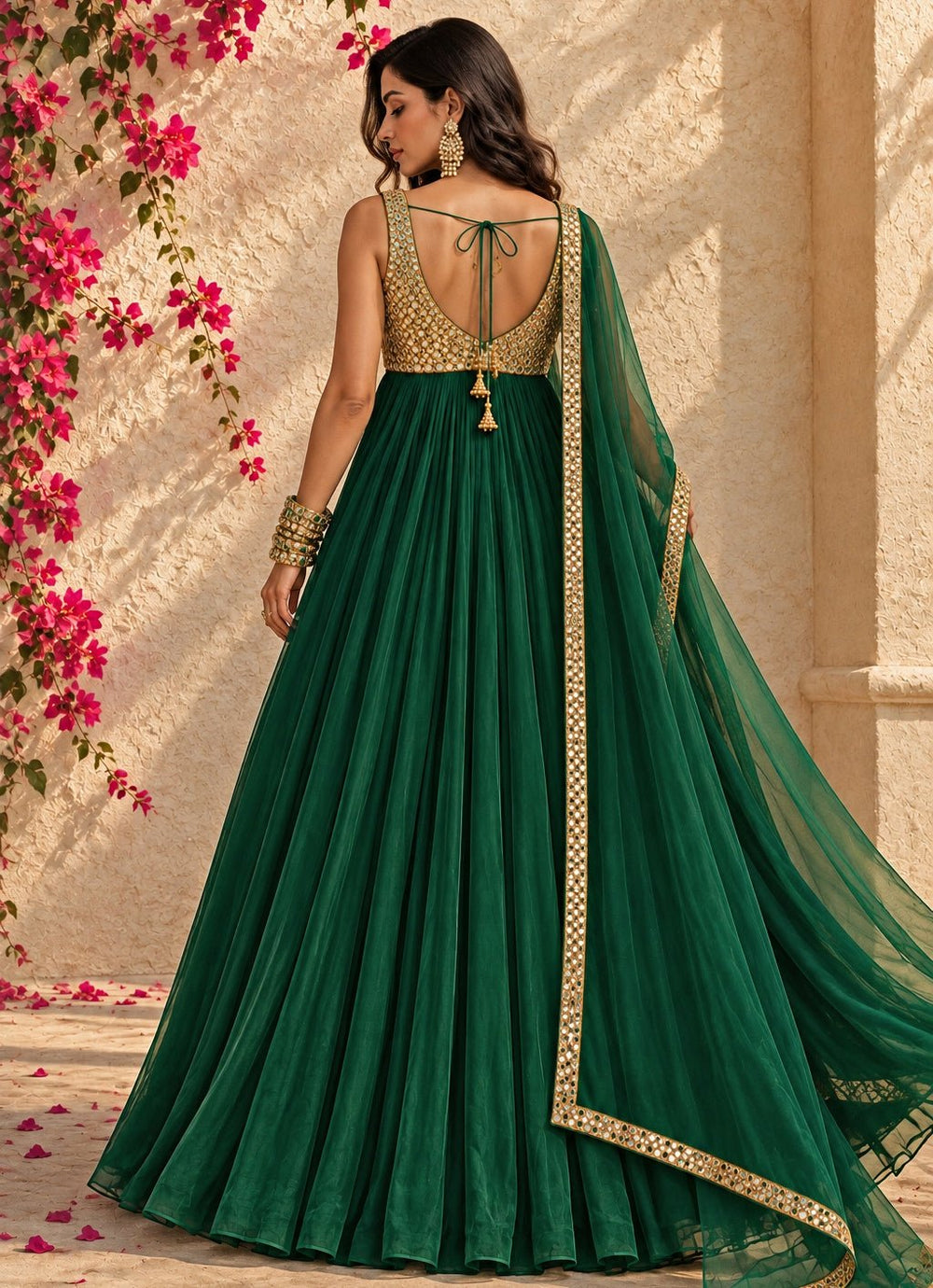 Anisha Shetty Emerald Green Mirrorwork Georgette Anarkali SetFabilicious Fashion