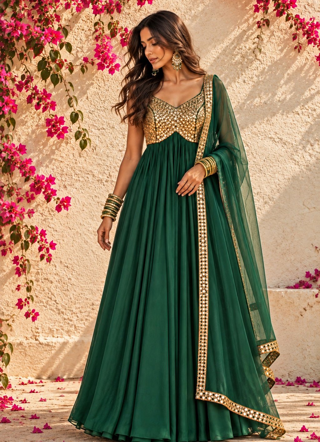 Anisha Shetty Emerald Green Mirrorwork Georgette Anarkali SetFabilicious Fashion