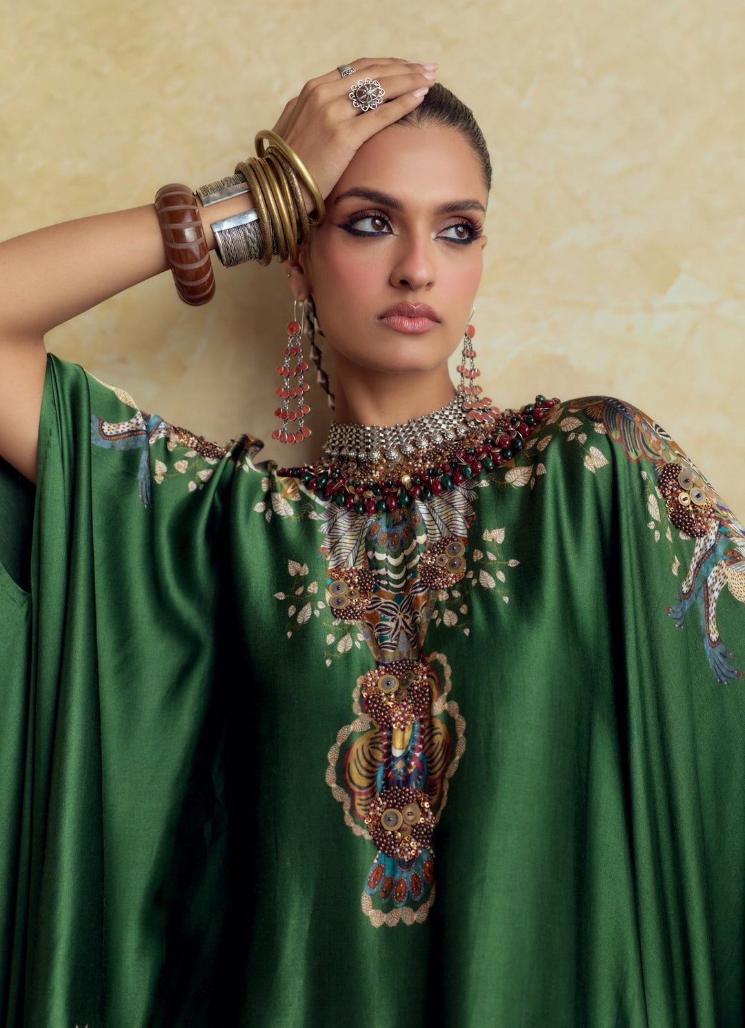 Prisho Emerald Green Modal Satin Drape Skirt Set With KaftanFabilicious Fashion